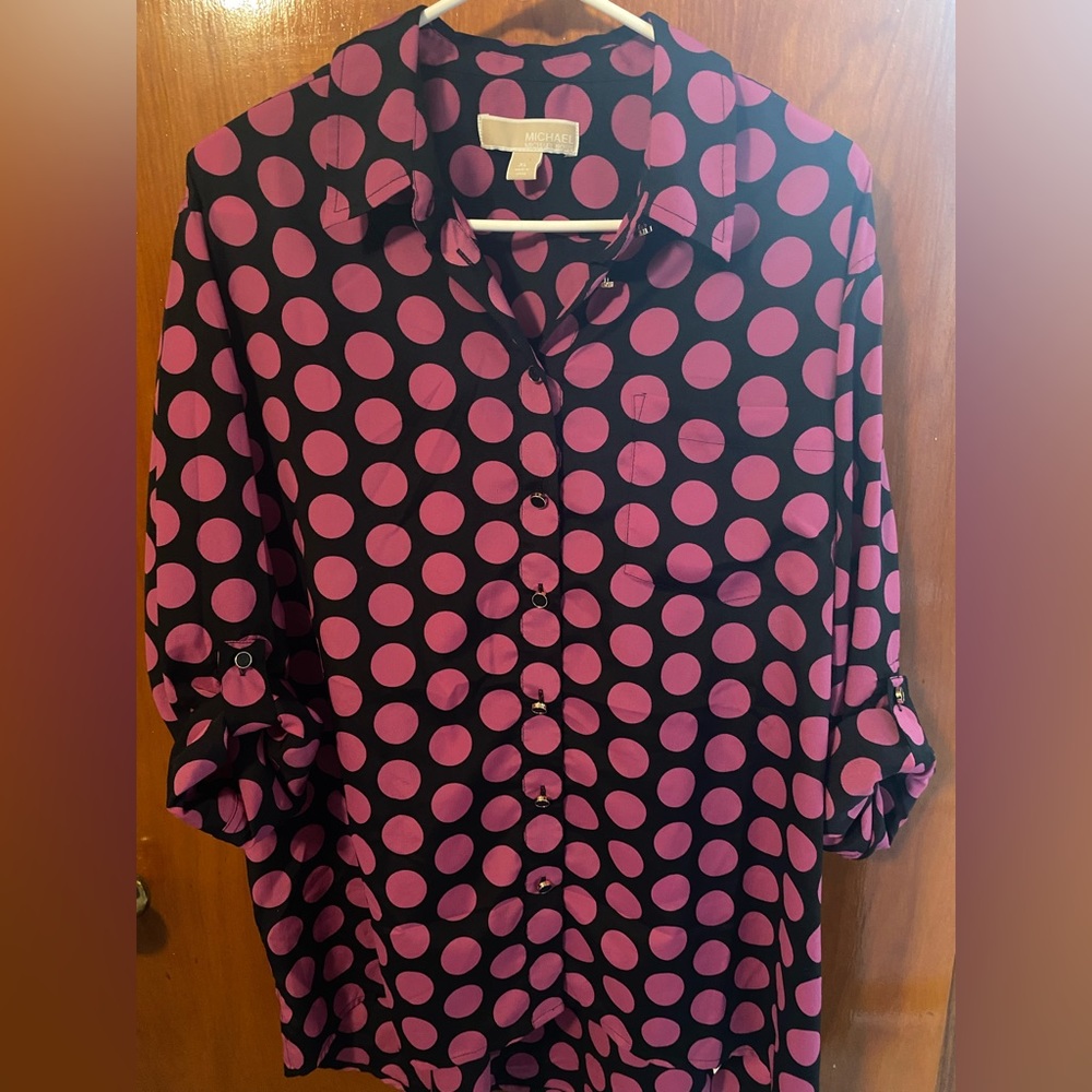 XL Michael Kors MK Long Sleeve Pink/Purple & Black Polka Dot Blouse